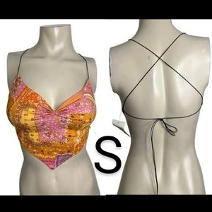 🆕Orange & Pink Handkerchief Bandana Print Bungee Strap Crop Top~Size S